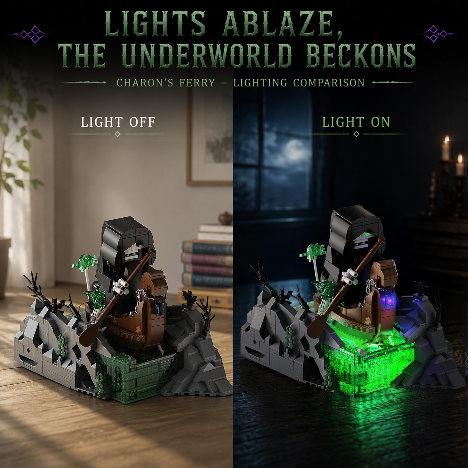 JMBricklayer Charon Fähre Klemmbausteine Erwachsene, Fährmann des Styx Boots Modell Bauset mit LED Beleuchtung, 40005 Fantasie Ausstellung Sammlung Geschenk für Geburtstag Halloween