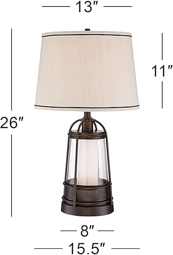 Miniatura 4 de Franklin Iron Works Hugh - Lámpara de mesa industrial rústica de 26 pulgadas de alto con luz nocturna LED, vidrio sembrado de metal, pantalla de