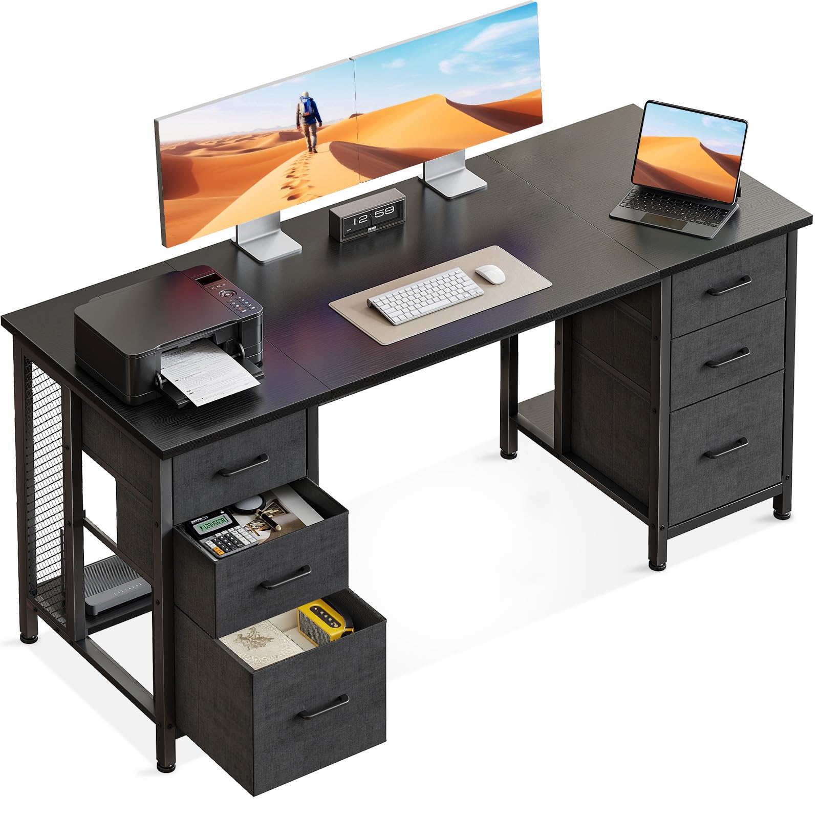 Coleshome Schreibtisch mit 6 Schubladen, 160x52 cm Computertisch, PC Tisch mit Ablageflächen für Home Office, Schwarz