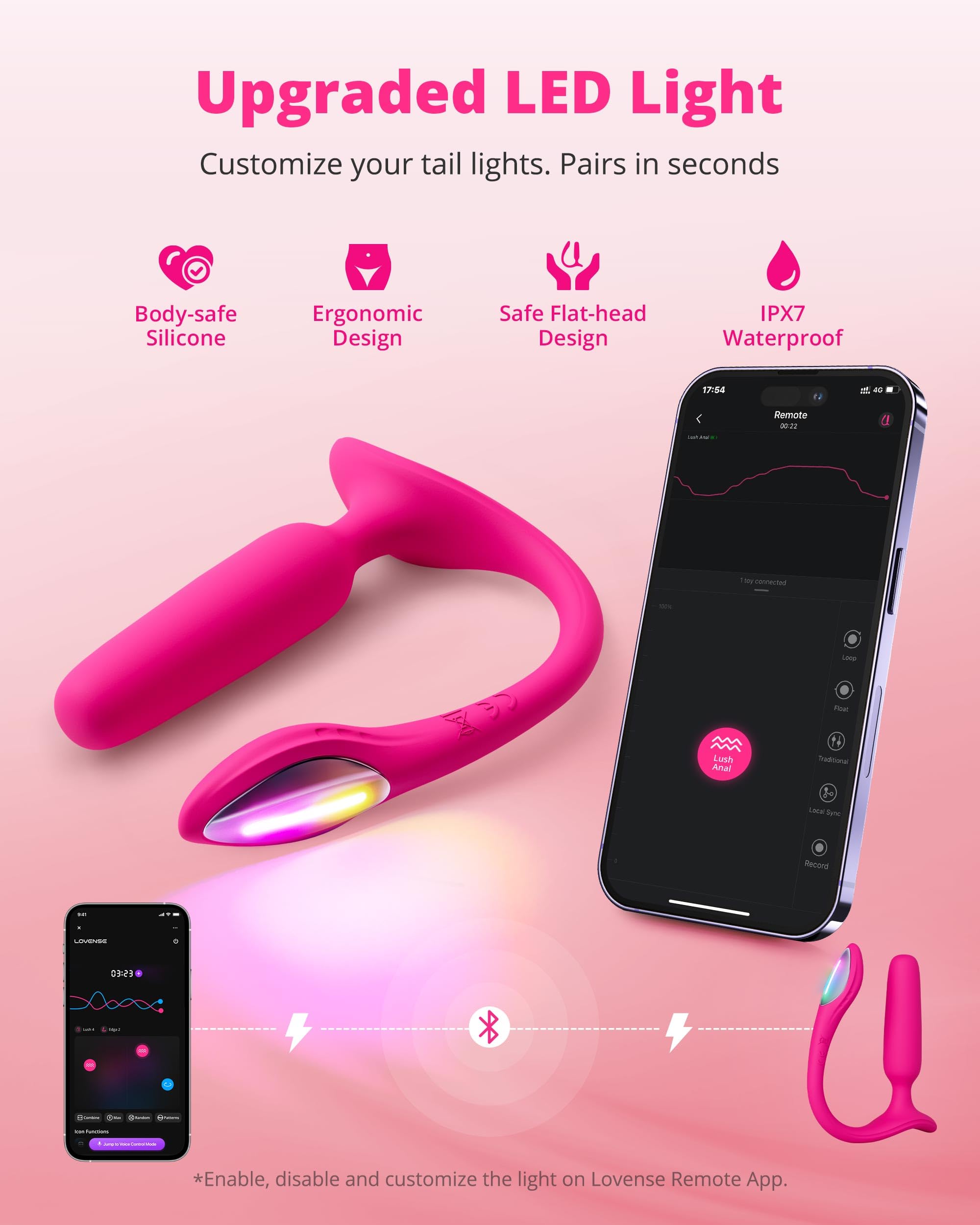 LOVENSE Lush Anal Vibrating Butt Plug Sex Toys, App Controlled Vibrator with LED Light, Small Anal Plug Adult Sex Toys & Games for Men Women Couples, Beginners-Friendly, Waterproof, Rose
