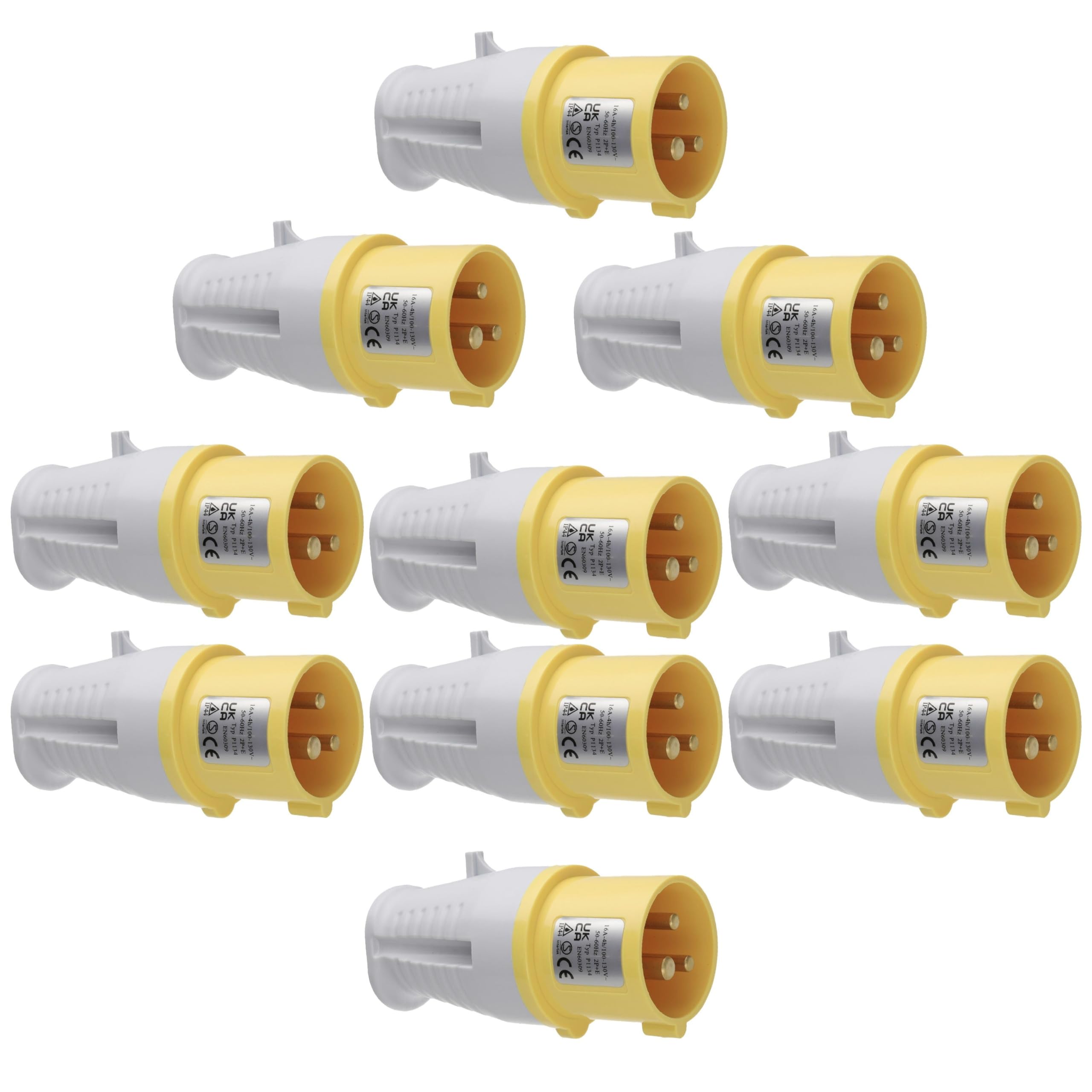 kenable Rewireable Industrial Site Power Plug 110V 16A Yellow IP44 2P+E Cable Mount - 10 Pack