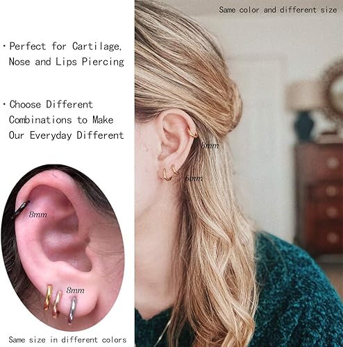 Miniatura 6 de Aretes de aro de acero inoxidable quirúrgico 316L, aretes de aro para hombre, color dorado, plateado y negro, hipoalergénicos, de 0.236 pulgadas,