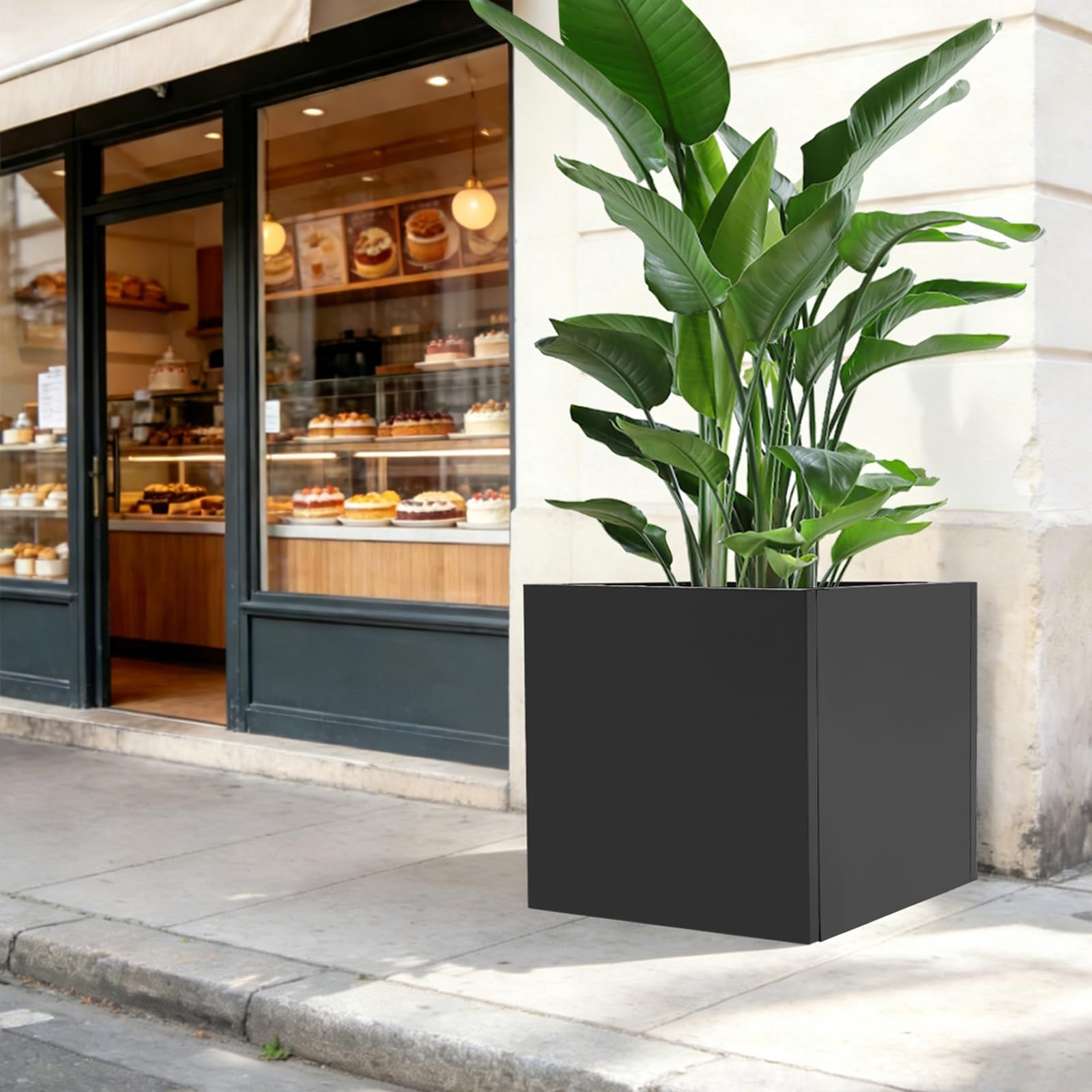 Vaso per piante, grande, 60 x 60 x 60 cm, quadrato, in acciaio, per interni, esterni, giardini, ingressi, terrazze, cortili (nero, 60 cm)
