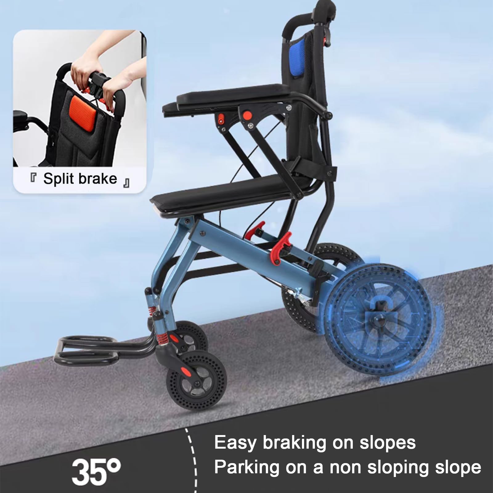 Silla de Ruedas plegable Ultra-ligera de aluminio con freno,Silla de ruedas de aluminio para viajes,Sillas de Ruedas Adulto para Exterior,Silla de ruedas plegable para traslado(Rear wheel 8in)