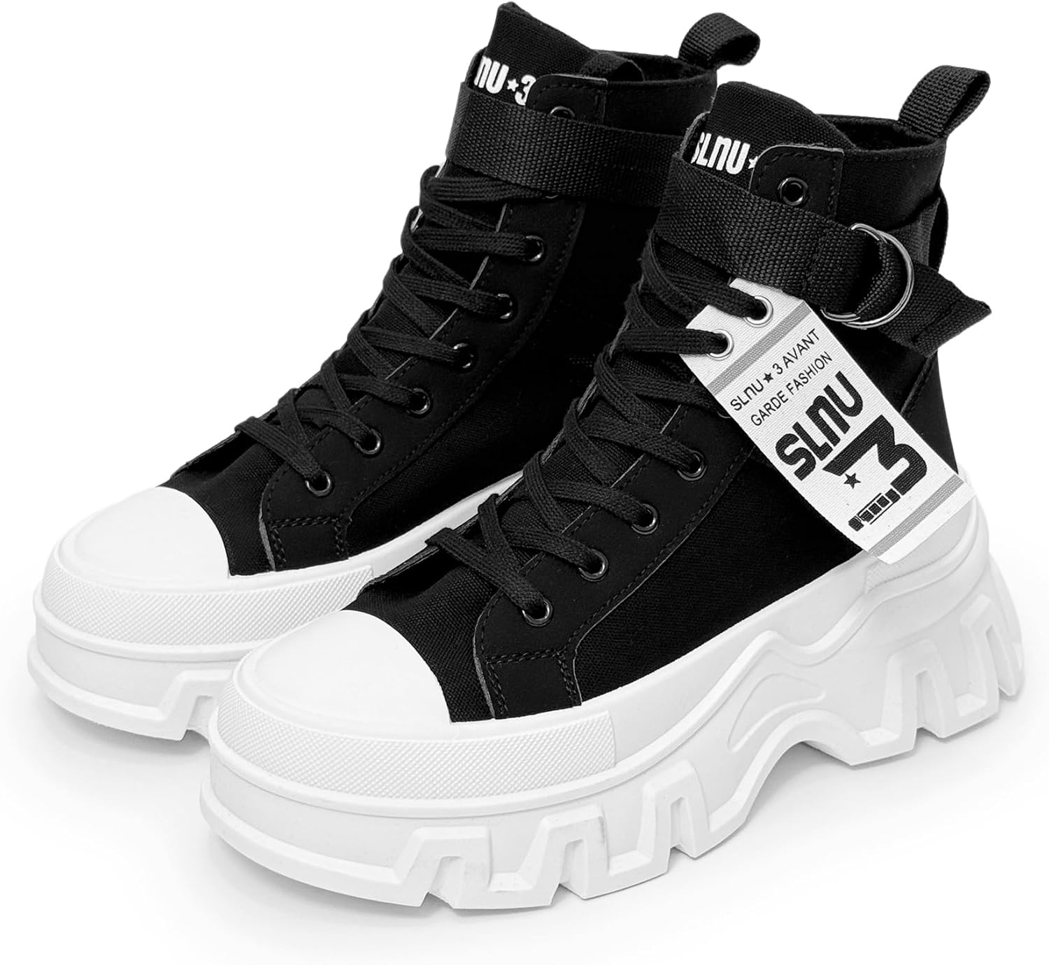 Men's Platform Combat Boots with Strap Avant-Garde Punk Chunky Canvas Boots Warm Winter Shoes for Men