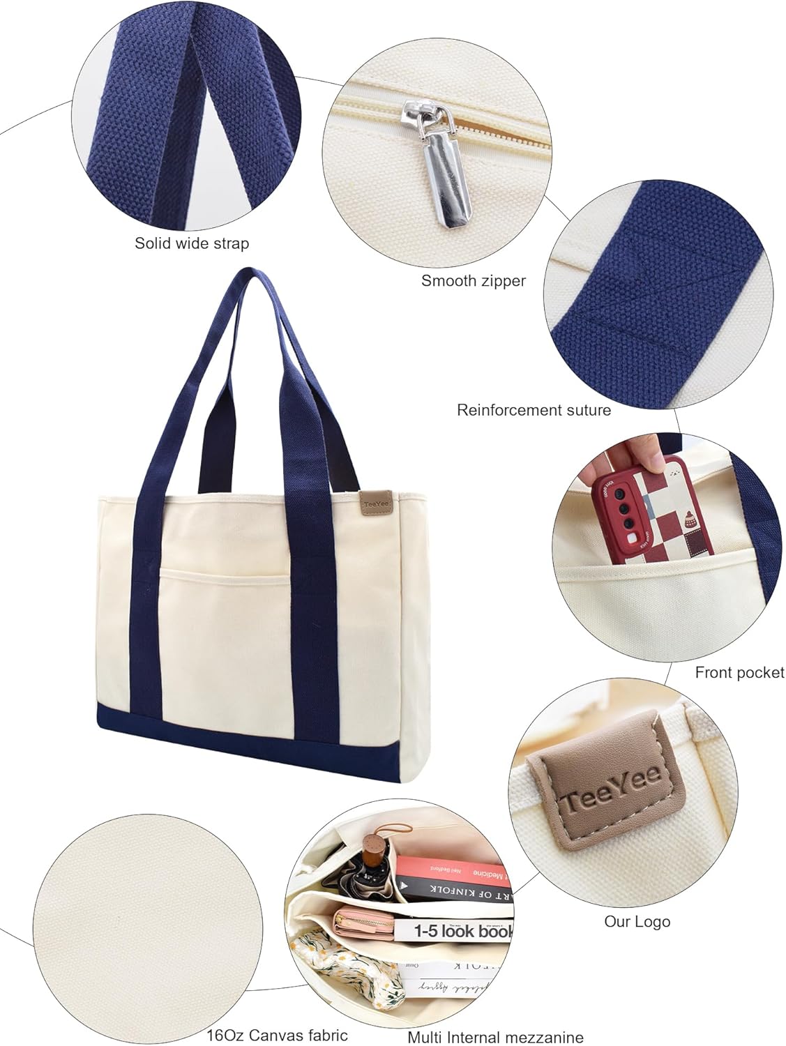 TeeYee 16oz Canvas Tote Bag Casual Multi pockets Handbags Large Capacity Shopping Shoulder Bag with Pocket Bags Work Purses | Shopper bag, Zipper pockets, Unsex design, Organized slots - Image 7