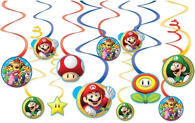 Amscan 671554 - Super Mario Birthday Party Hanging Swirl Decorations - 12 Pack
