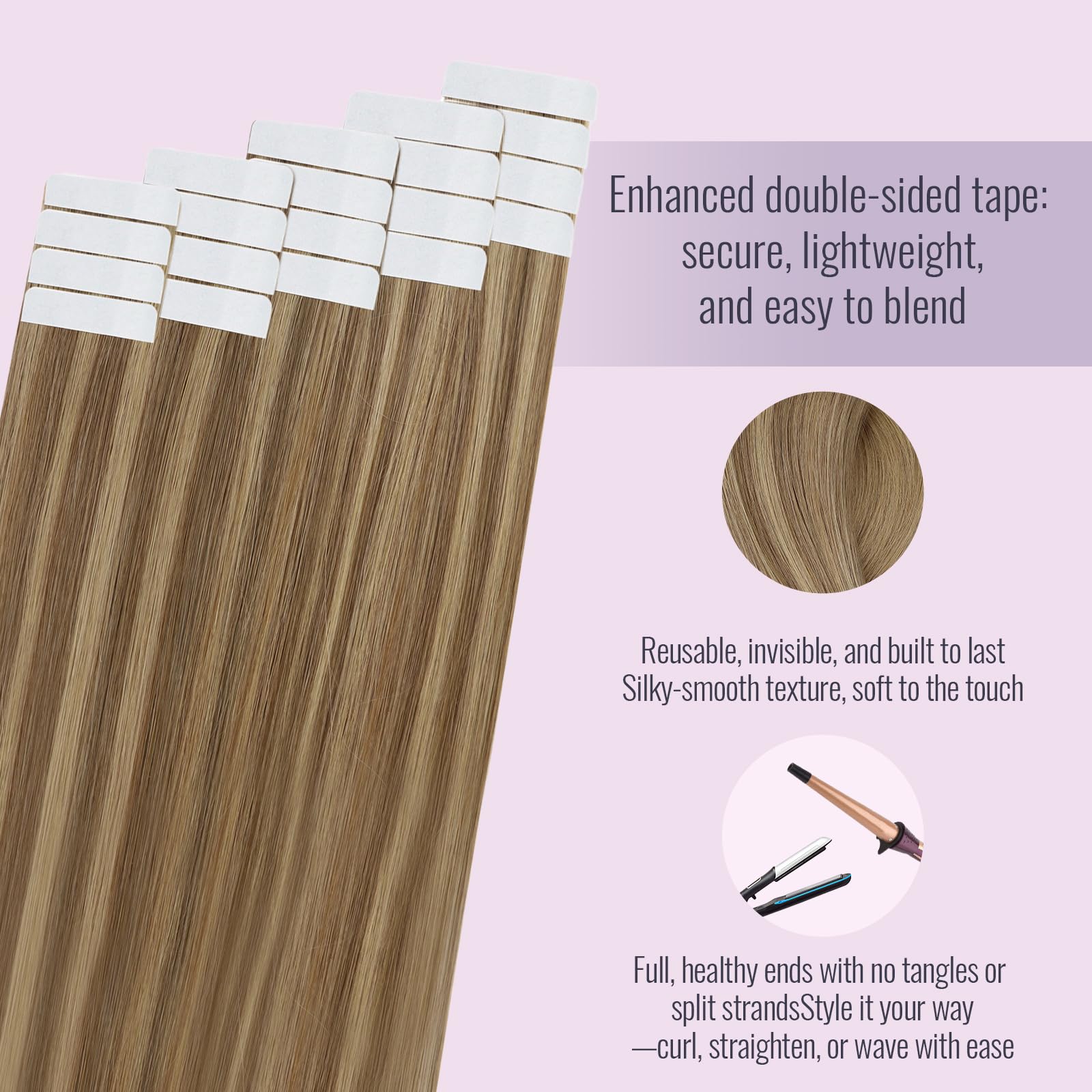 fshine Extension Biadesive Capelli Veri 50g 55CM Extension Adesive Capelli 20Pcs Remy Capelli Ombre dal Marrone Dorato al Biondo Scuro Extension Invisibili Hair Tape in Extension Lisci Capelli