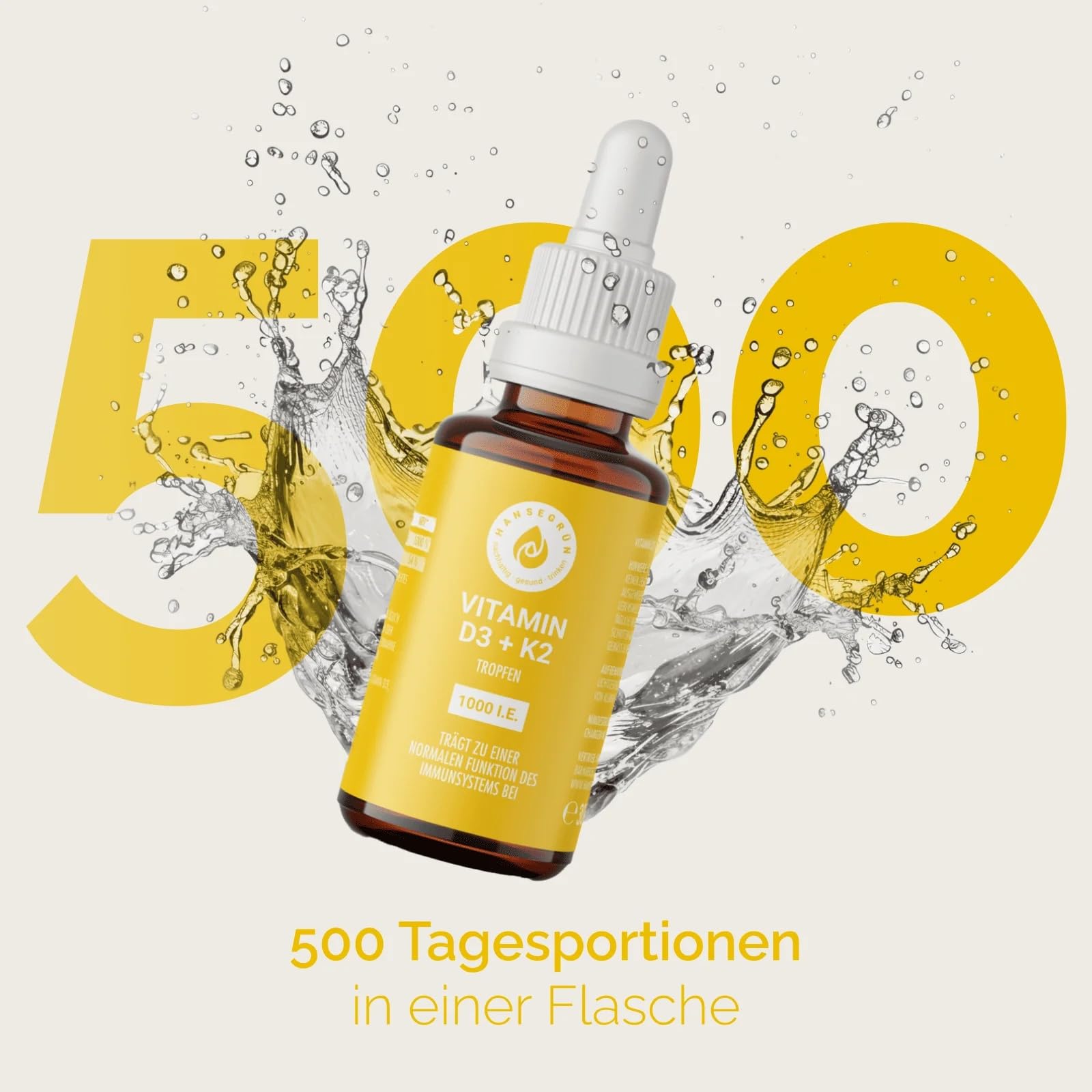 Hansegrün - 2x Vitamintropfen D3K2-30ml - Trägt zu einer normalen Funktion des Immunsystems¹ & Knochen² bei - Nur 3 Zutaten - Vegan & ohne Zusatzstoffe - Öl-Basis - Für 500 Tage