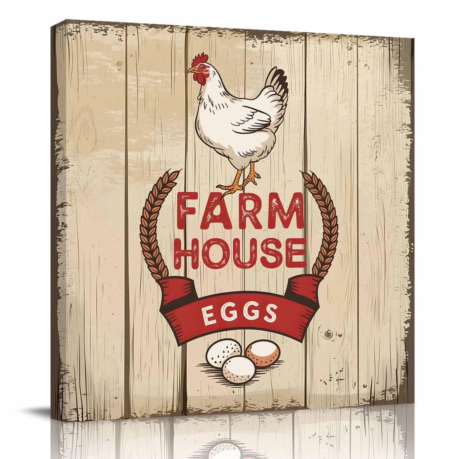 Farmhouse Chicken Canvas Print Wall Art Country Retro Farm Barn Eggs Wood Grain Framed Canvas Art Wall Decor Pictures Painting Morden Artwork for Living Room Bedroom, Ready to Hang - 12"x12"