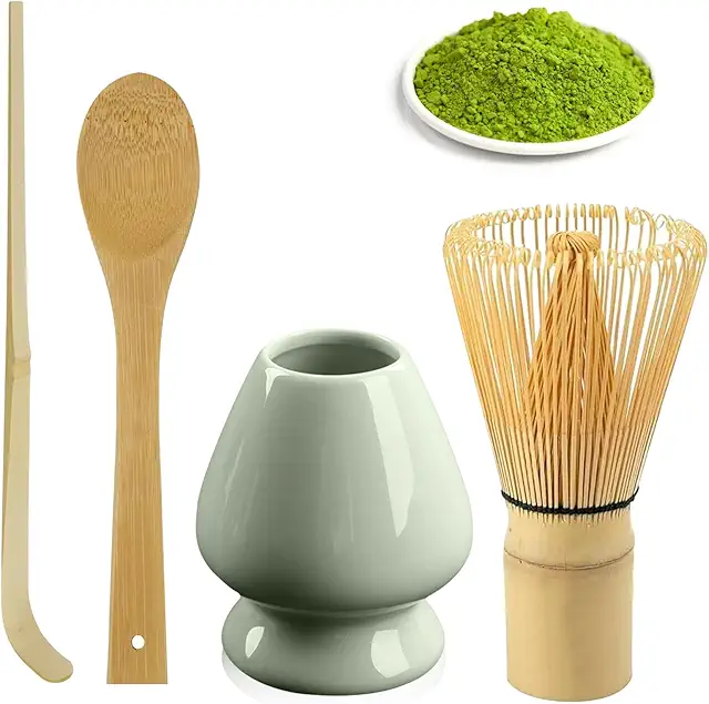 Bamboo Matcha Whisk Set with 80 Bristles, 2 Spoons & Green Ceramic Holder