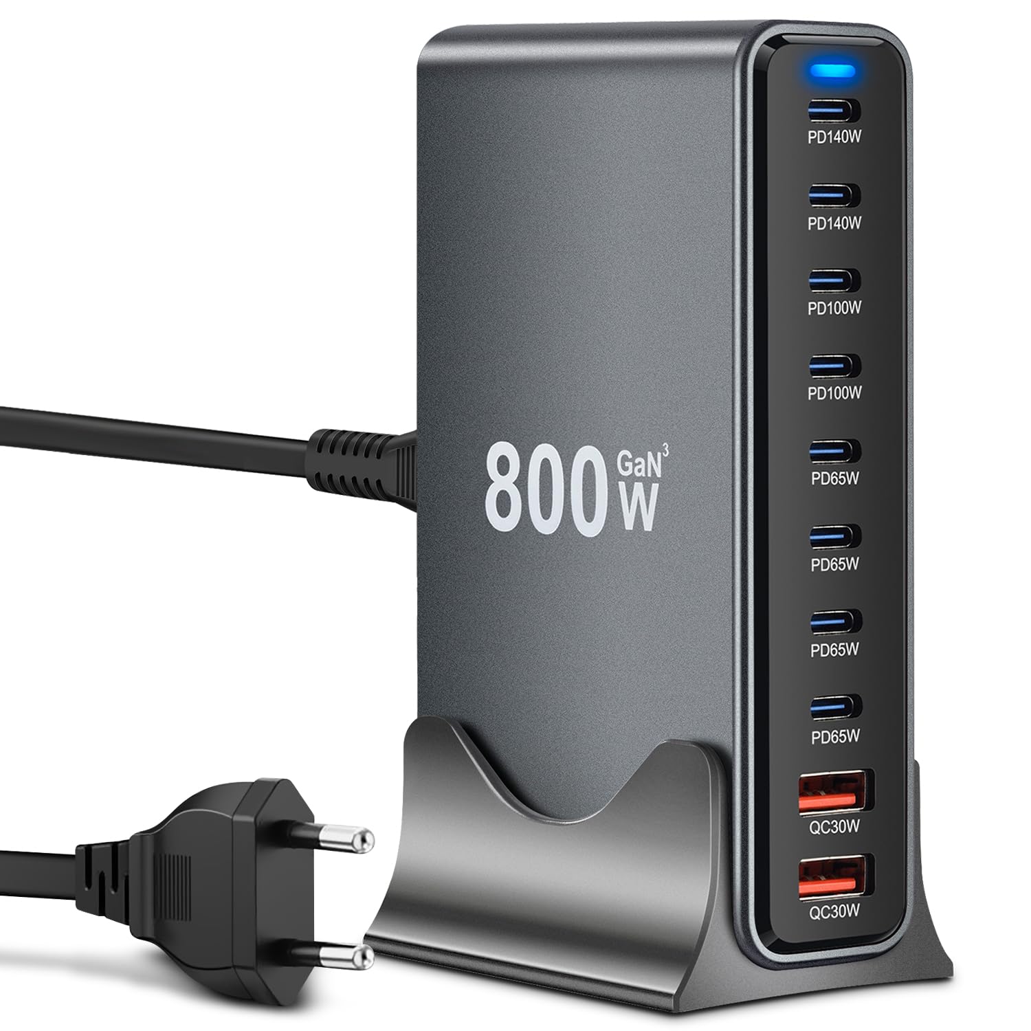 Caricatore USB multiplo da 800 W, 10 porte, con 8 USB C + 2 USB A, stazione di ricarica per più dispositivi, compatibile con MacBook, iPad, iPhone serie 16/15/14