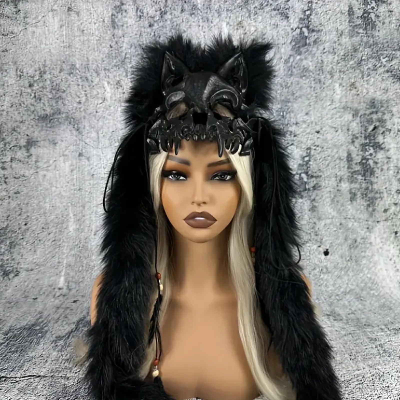 Viking-Inspired Faux Fur Fox Mask Furry Animal Costume Skull Head Mask for Women Men Plush Headwear Werewolf Face Cover for Halloween Party Fancy Dress Accessory Norse Cosplay - Image 3