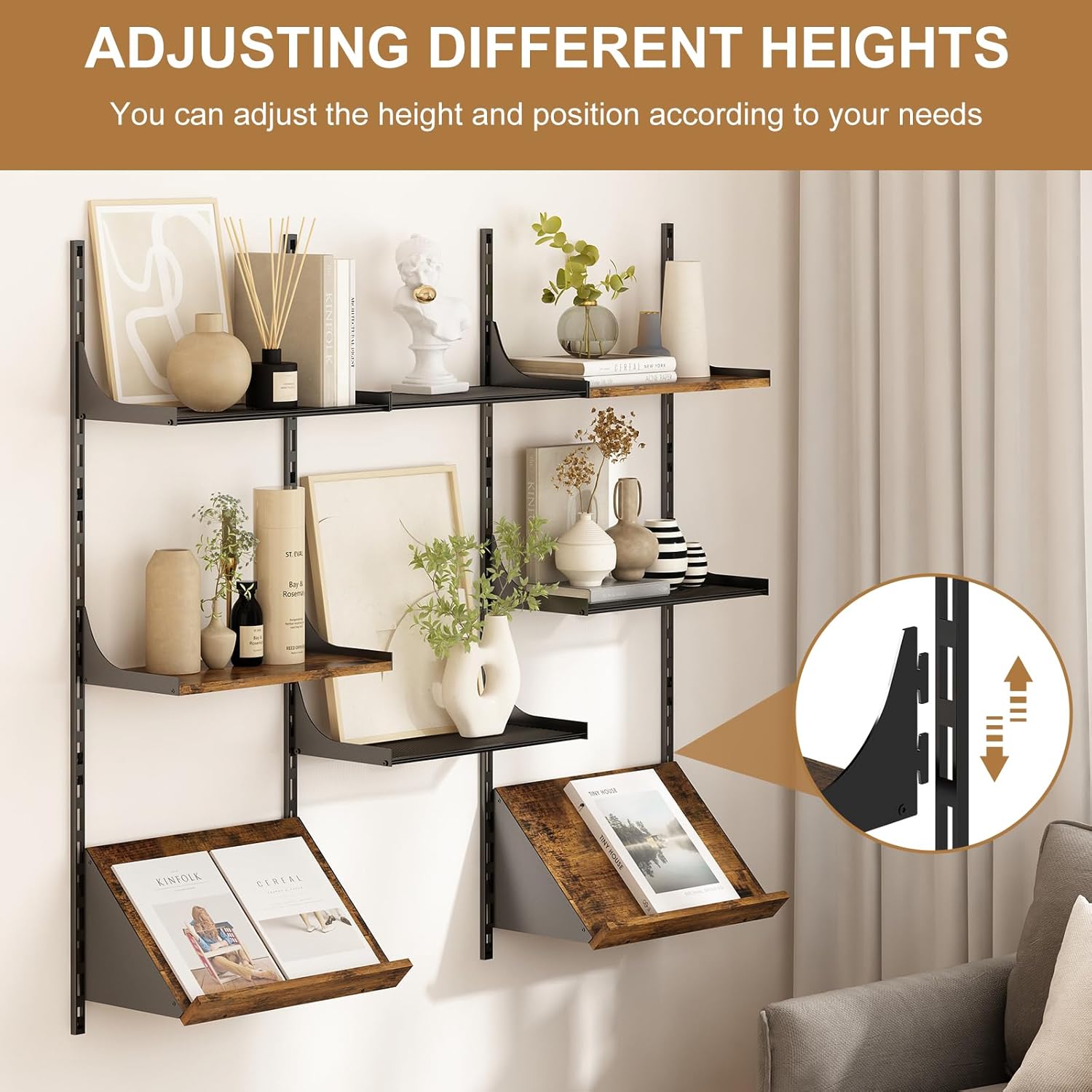 GILLAS Wall Mounted Floating Shelves, 8 Tier Wall Mounted Storage Shelves, Industrial Rustic Bookshelf with Adjustable Metal Brackets, Display Rack for Living Room, Bedroom, Kitchen, Home Office