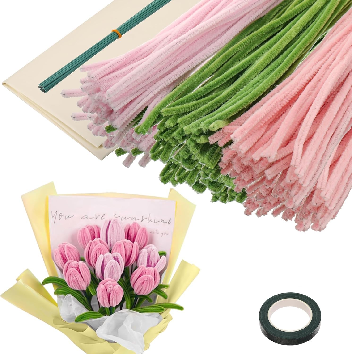Just Flowers 311 Pc Flower Making Kit, 300 Pipe Cleaners for Crafts with 10 Flower Stem Wire and 1 Floral Tape | 30cm Long Chenille Stems and Green Wire for DIY Bouquet Kit (Green Pink & White Pipe Cleaner)