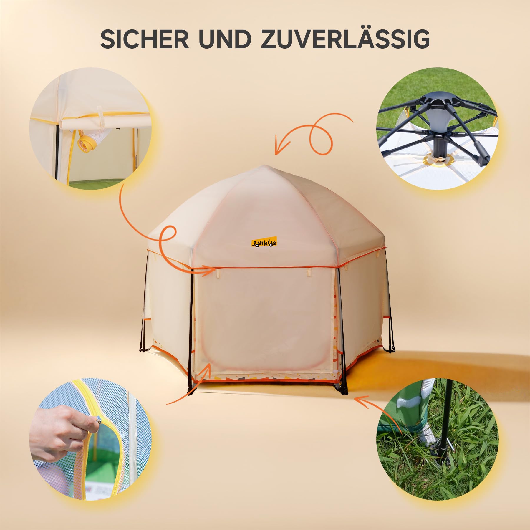 Jovikids Faltbarer Laufstall Baby mit Baldachin, Pop-up Zelt Kinder Outdoor, Großer 6 Eckig Playpen mit Tragetasche für Haus, Garten, Strand, 150x150x105cm