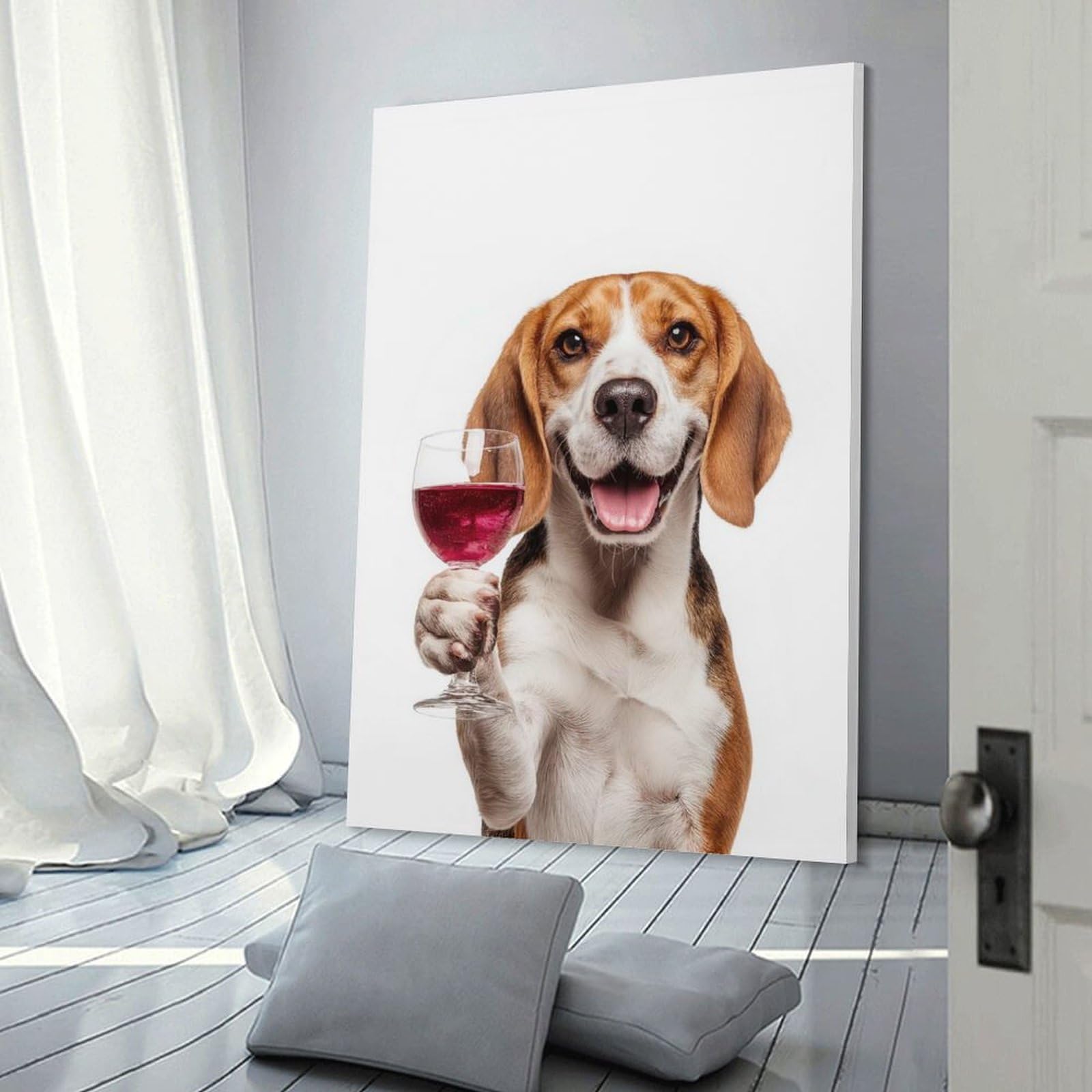 Junmoney Canvas Wall Decor Beagle with Wine Glass, 24x36inch(60x90cm), for Living Room, Bedroom, Office Or Hallway, Decorative Artwork with Broad Appeal