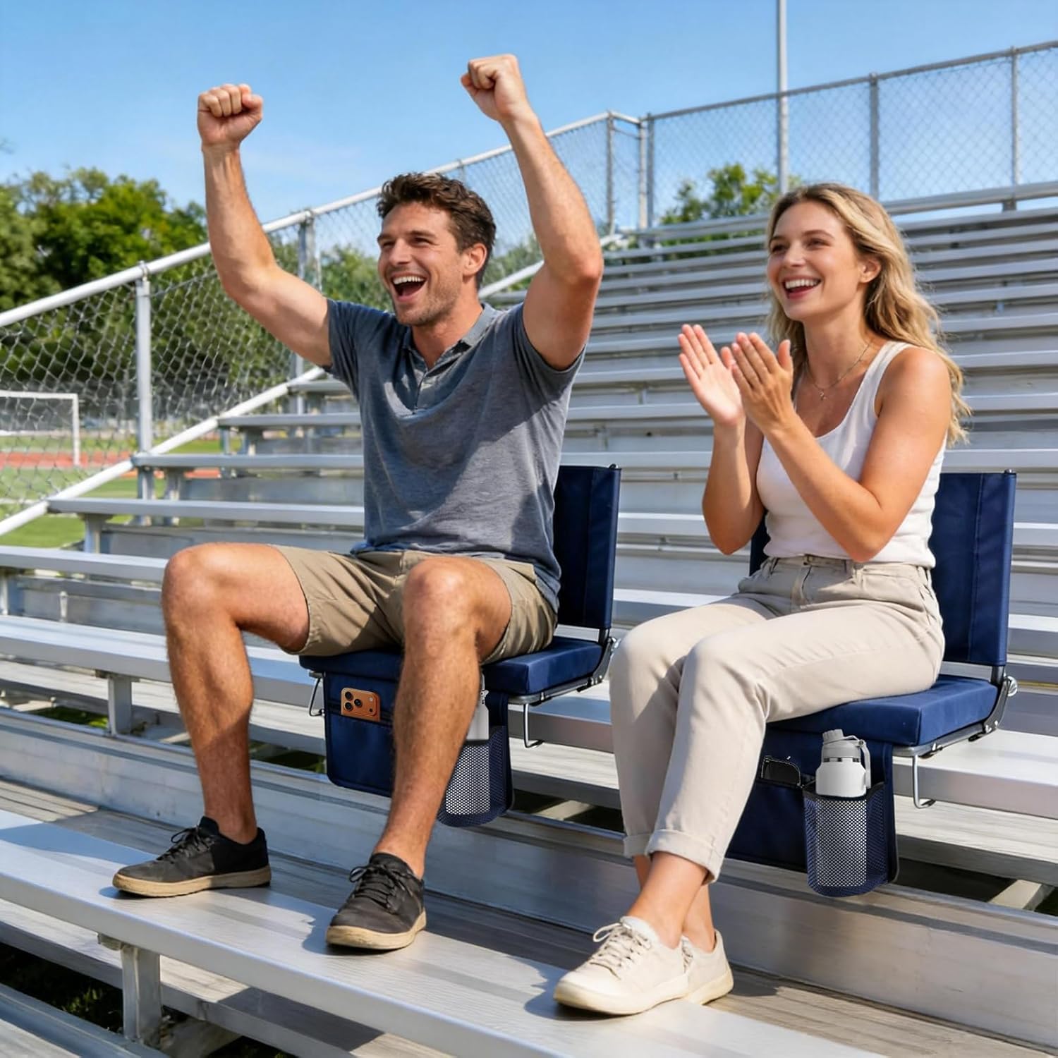 OLIXIS Stadium Seats 2 Pack with Back Support, Bleacher Chairs with 3.15" Thick Padded Comfortable, Wide Portable Lightweight Folding Seat for Sports Events, Concerts, Outdoor Activities, Navy Blue