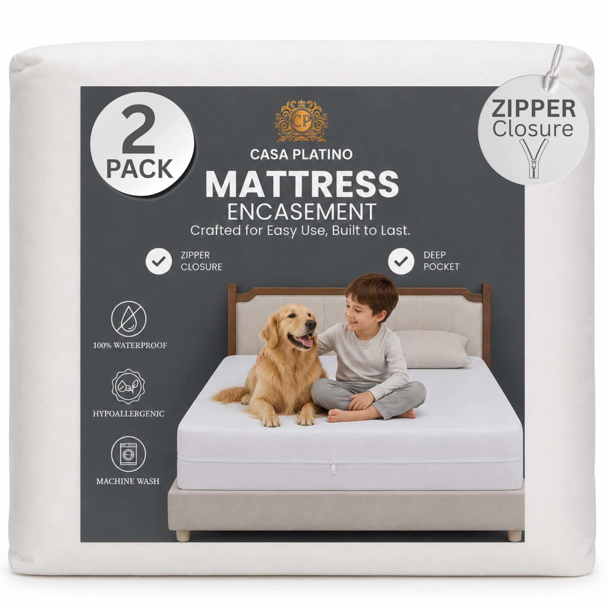 2 Pack Waterproof Mattress Encasement, Single 90x190cm Zip Cover