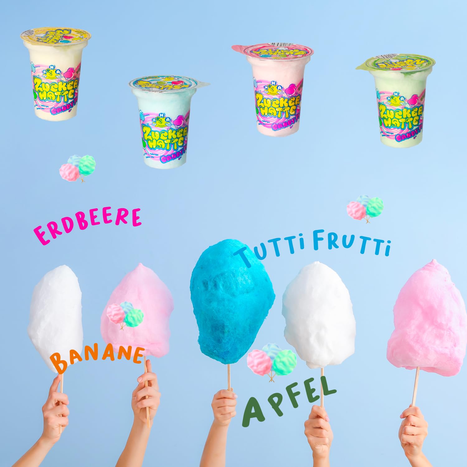 AHA Zucchero filato 4 varietà colorate, 36 x 20 g, in tazza, qualità premium, confezione di scorte, 4 gusti come al mercato annuale, per feste, casa, feste in giardino, celebrazioni