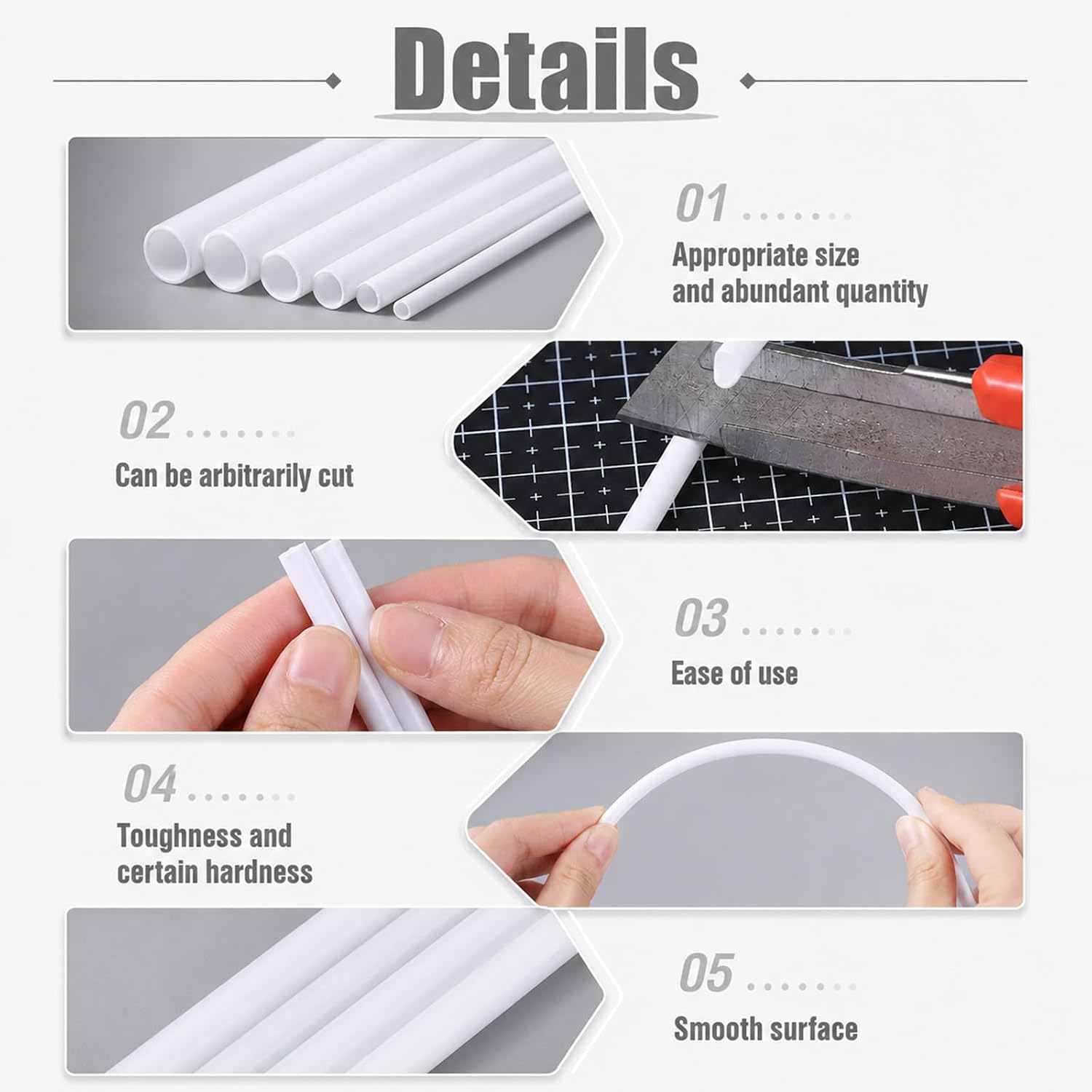 25 PCS Plastic Tubing, 5 Sizes Abs Round Plastic Tubes for Crafts