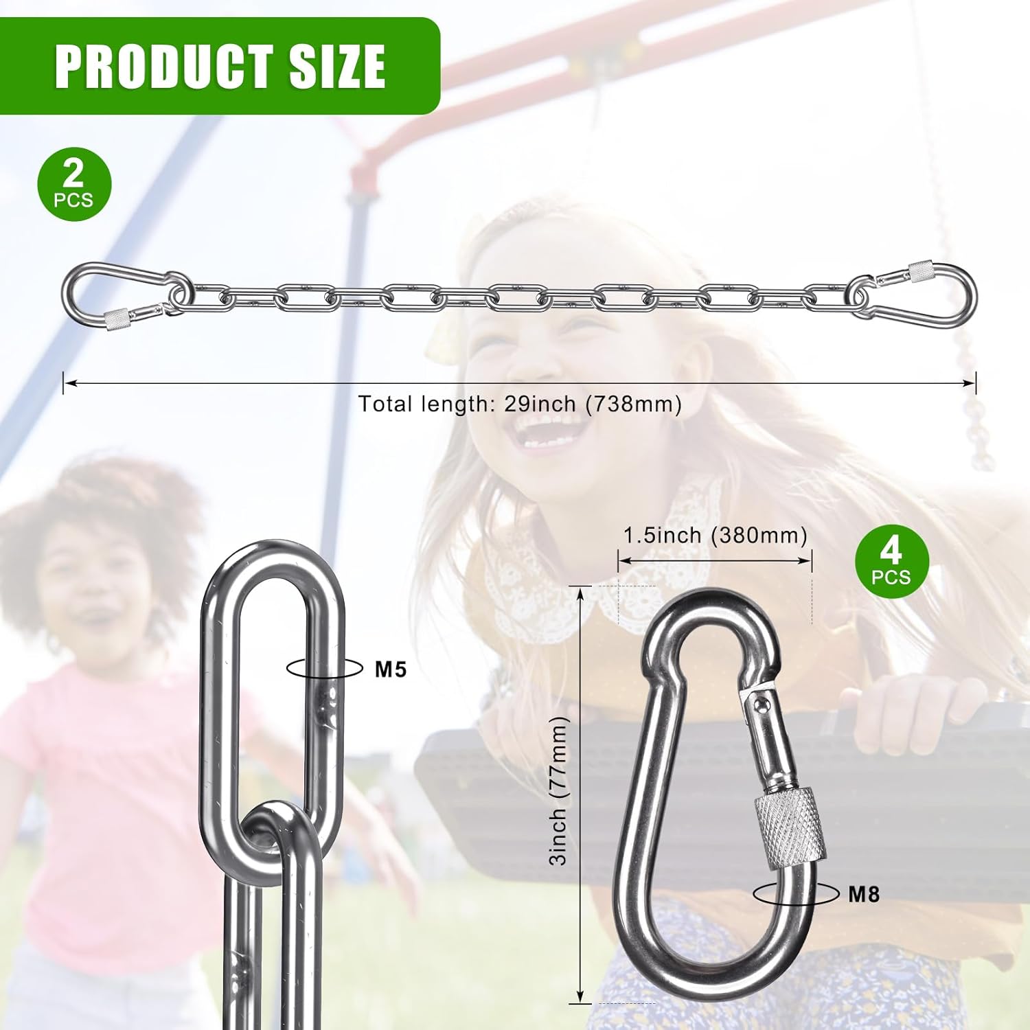 SELEWARE 2-Pack Stainless Steel Swing Chains with Carabiners – 29" Hammock Chain Extension Kit, 1000LB Capacity for Hanging Chairs, Swingsets, Hammock Stands, and Punching Bags