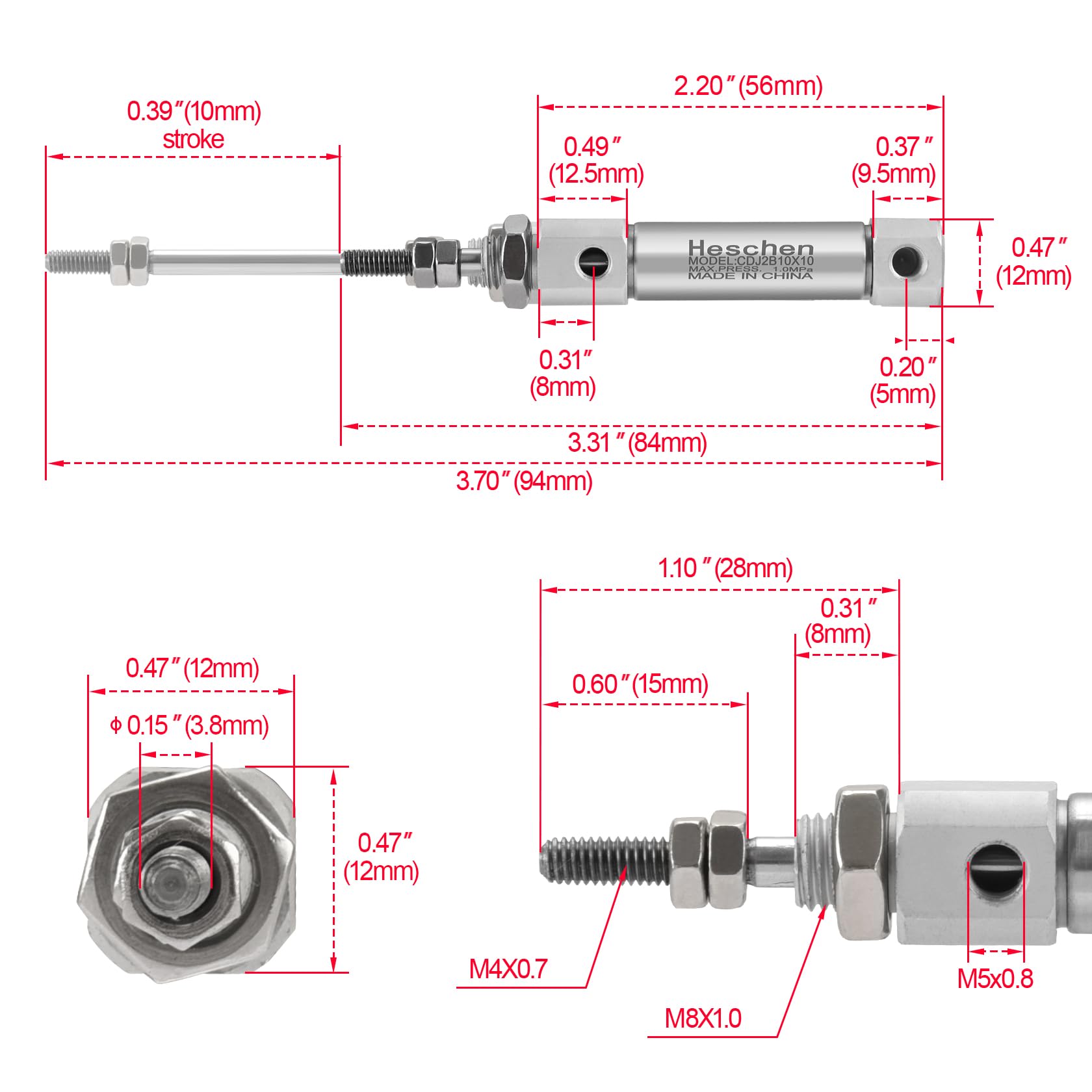 Heschen Stainless Steel Slim Air Pneumatic Cylinder, CDJ2B 10-10, M5 Port, 10mm Bore, 10mm Stroke, Double Acting Single Rod — Amazon image 2
