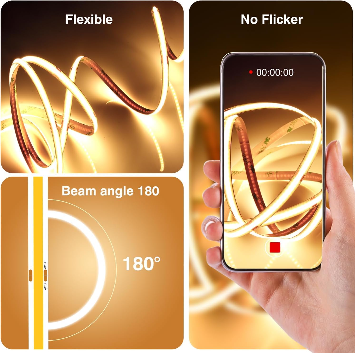 COB LED Streifen 12M Warmweiß 3000K Dimmbar 24V CRI92+ LED Strip 8mm mit Fernbedienung & Netzteil