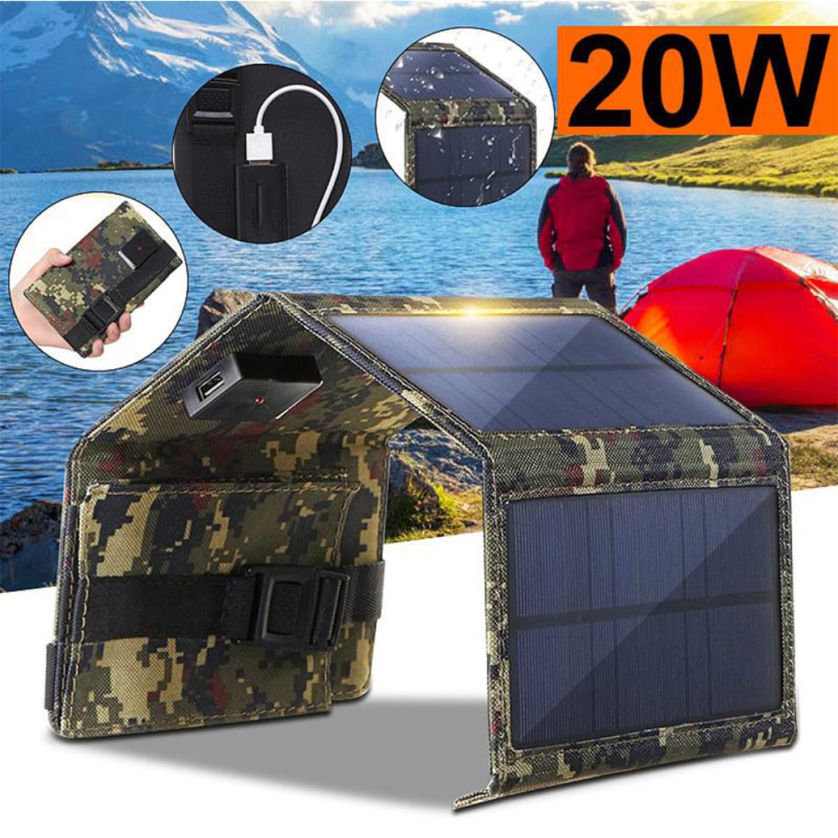 Ipetboom Cargador Resistente al Agua Salida USB Solar de 10w Portátil Plegable para Teléfonos Móviles y Power Bank y Adecuado para Barcos y Remolques para Barcos y Remolques