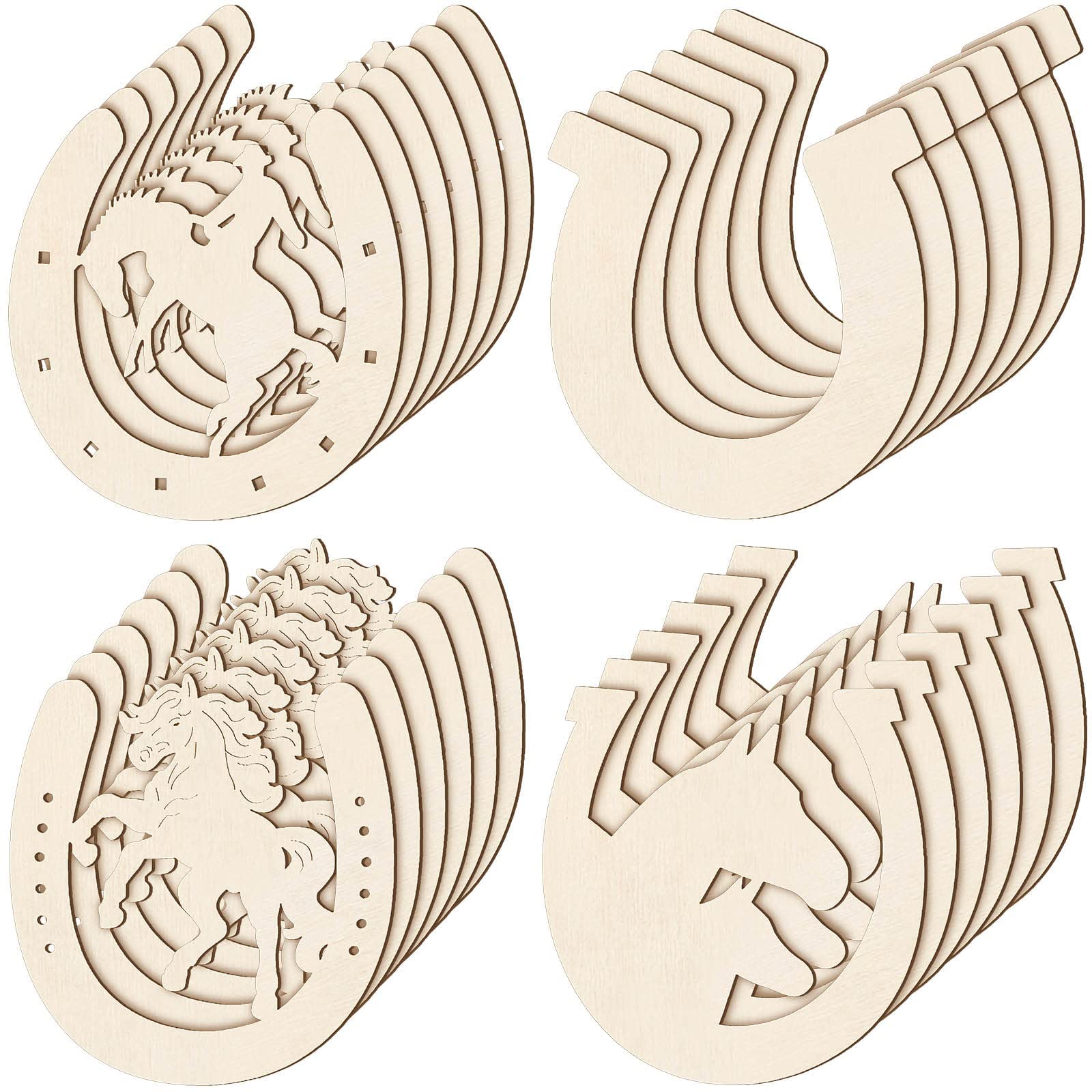 Unfinished Horseshoes Wooden Cutouts, 48 Pcs Wooden Horseshoes Cutout for Crafts, 4 Styles Blank Horseshoes Wood Slices, Wooden Paint Crafts for Kids DIY Home Decoration for Party Wedding Birthday