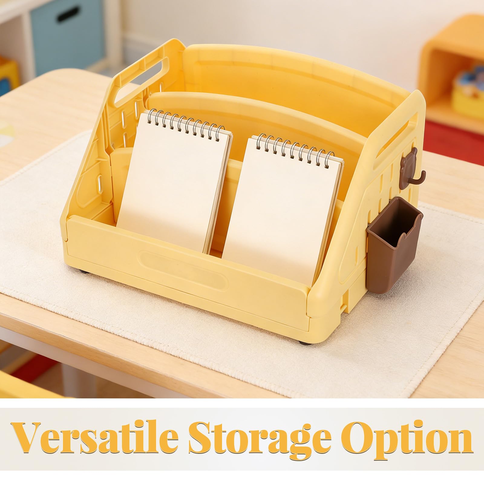 Lurrose Libreria per Gialla a 3 Livelli in Pp con Organizer da Scrivania e Porta Penne Laterale, Design Compatto e Stabile per Cameretta e Scrivania