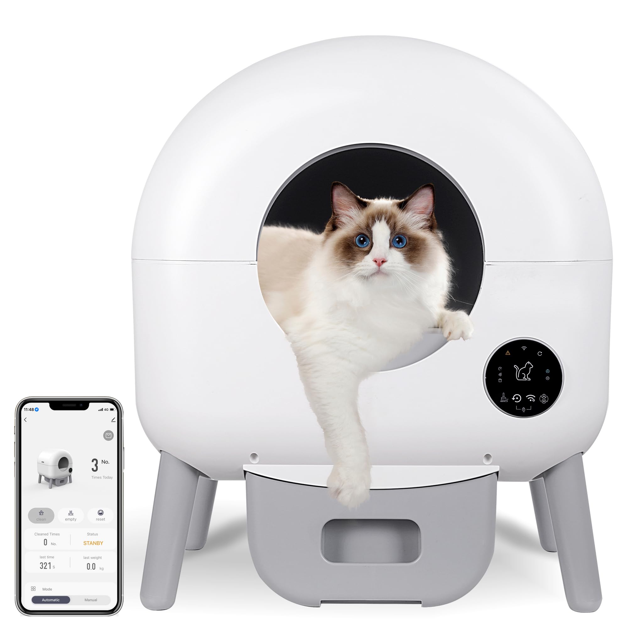 76 l Selbstreinigende Katzentoilette, App-gesteuert, Lufterfrischer, mit Müllbeutel, Weiß, 53 cm x 50 cm x 66.02 cm, für Katzenbesitzer, mehrere Katzen, technik-affin
