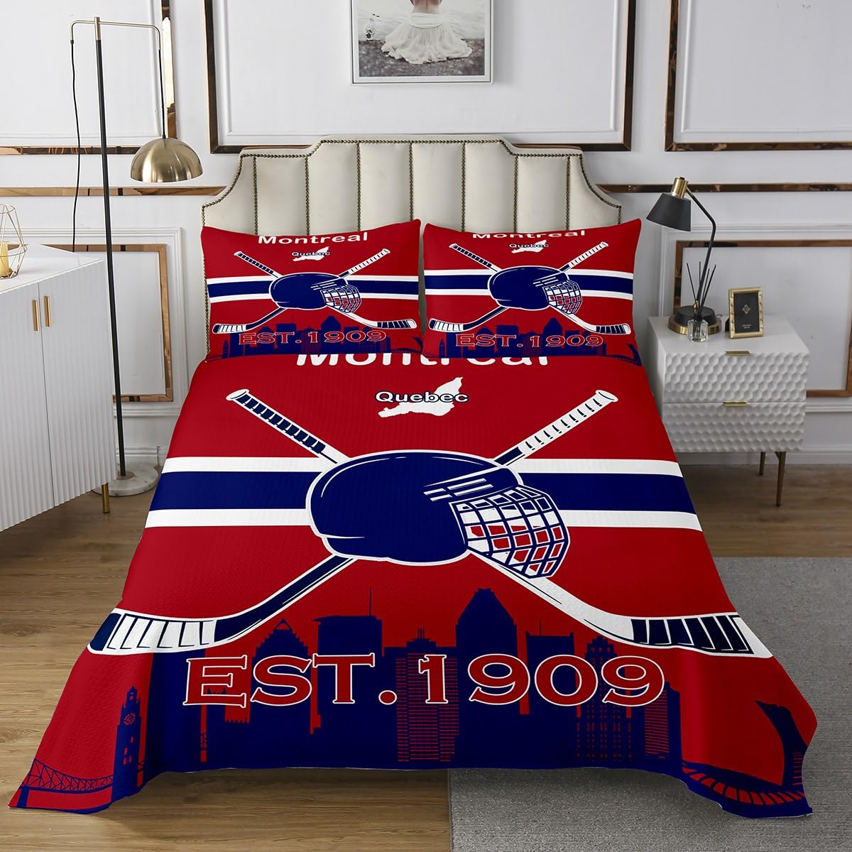 Erosebridal Twin Quilt Set for Ice Hockey Fan Teen Boys Ice Hockey Quilt Set for Youth,Hockey Coverlet Set,Blue Red Bedspread Set,Ice Hockey Player Bed Cover with 1 Pillowcase(Montreal)