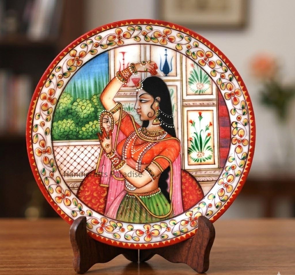 Handicrafts Paradise Marble Shringar Painted Decorative Round Plate 9 Inch