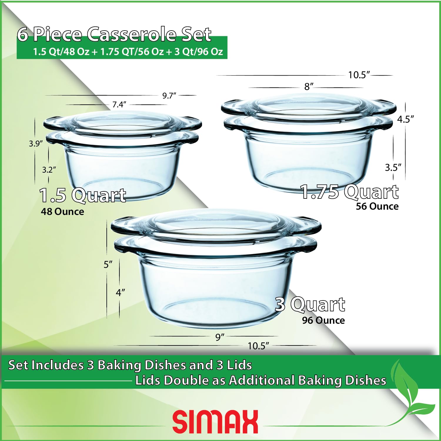 Simax Glass Casserole Dishes - Set of 3 -2