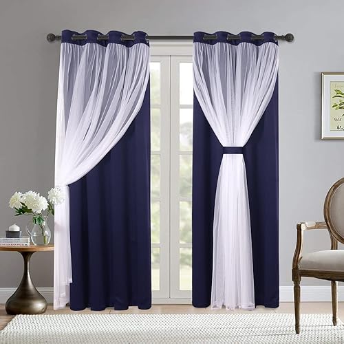 BONZER Cortinas opacas grises con gasa blanca traslúcida de doble capa para mezclar y combinar cortinas con ojales para sala de estar, azul marino,