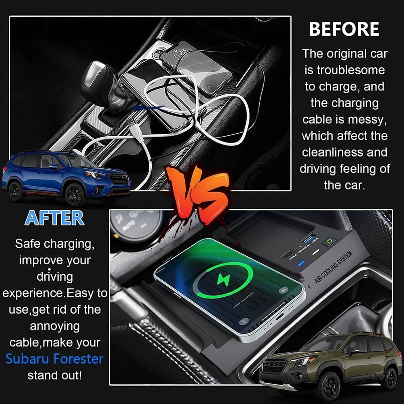 Bezprzewodowa ładowarka Samochodowa Telefonu do Subaru 2019 2020 2021 2022 2023 2024 Forester, Konsola środkowa Akcesoria Podkładka ładująca, Szybka ładowarka do i-Phone Sam-sung