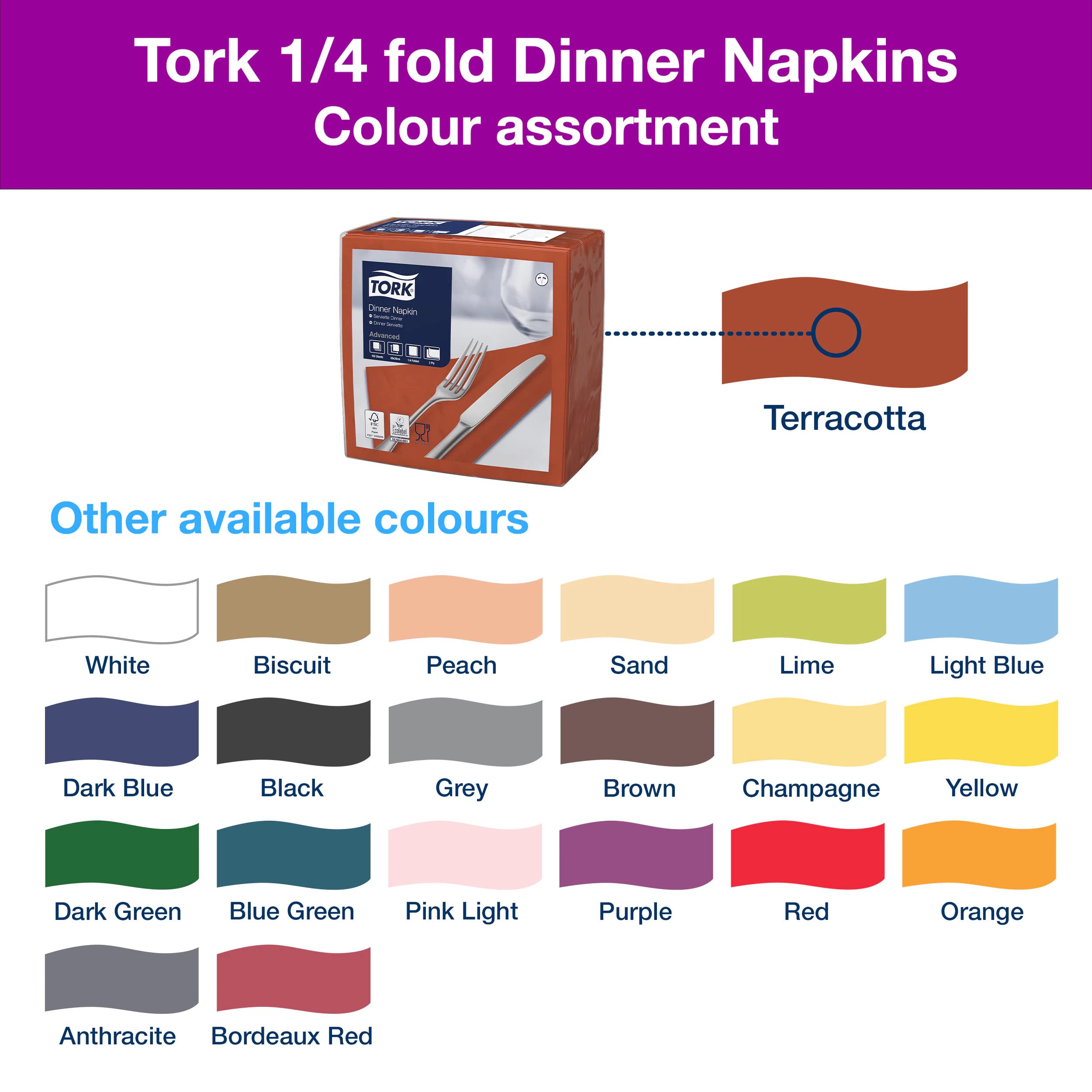 Tork 478763 Dinner Servilletas para cena/dos capas/pliegue 1/4 / color terracota / 12 paquetes x 150 unidades (1800 servilletas) / 39 cm x 39 cm/Advanced