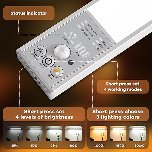 Miniatura 3 de Geekeep - Luces regulables para debajo del gabinete, batería recargable de 2800 mAh, 3 luces de armario de colores, luz con sensor de movimiento, 4