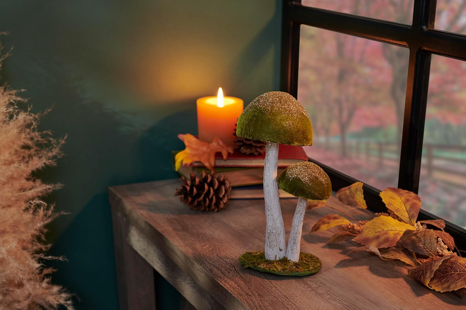 Primitives by Kathy Mushroom Sitter, two green foam mushrooms uniquely detailed/velvet glitter accents/natural foliage detail base/nature themed home accent for seasonal/everyday/garden decor/gfitable image 4