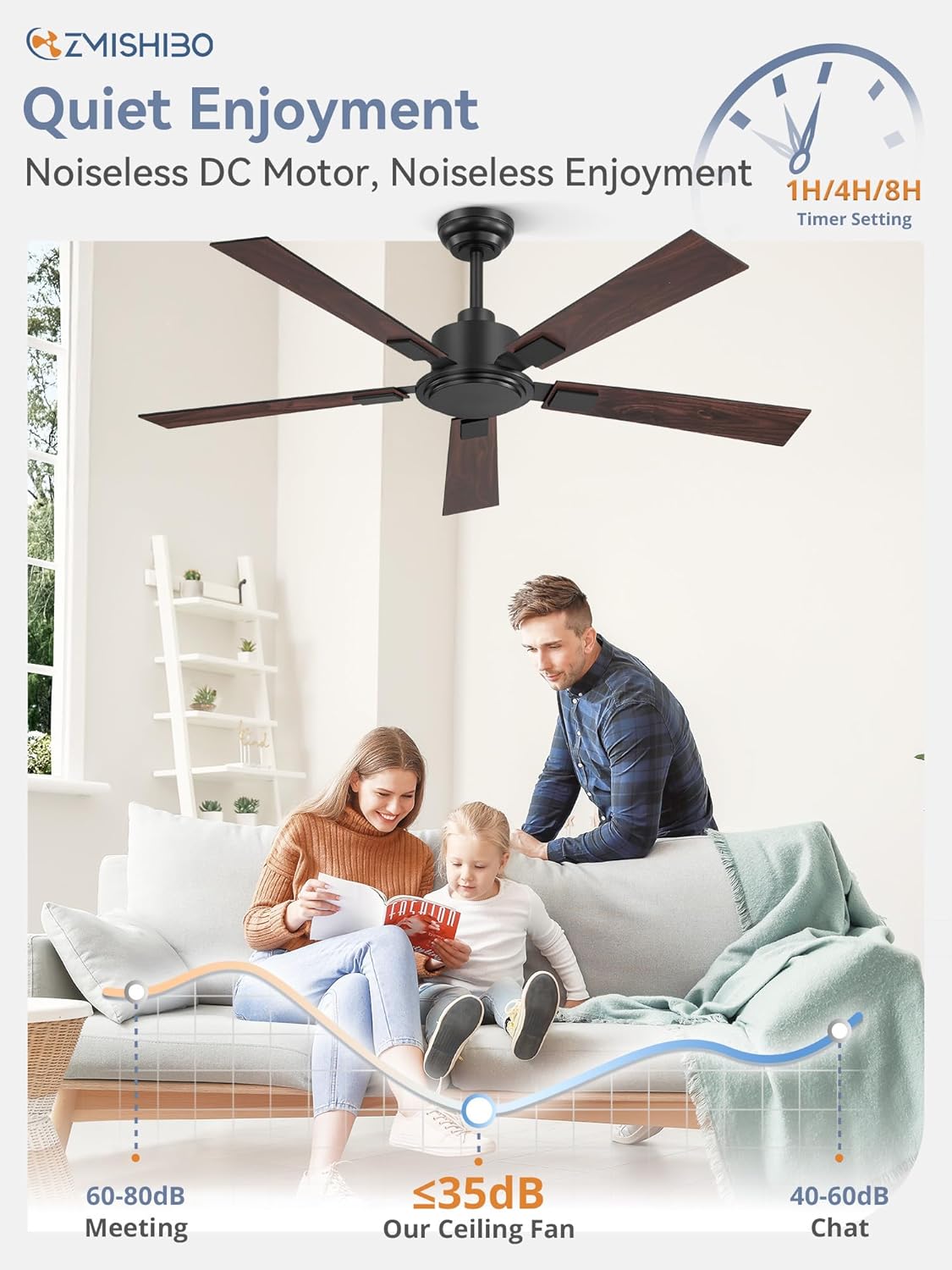 Family enjoying a quiet living room with the ZMISHIBO ceiling fan operating silently