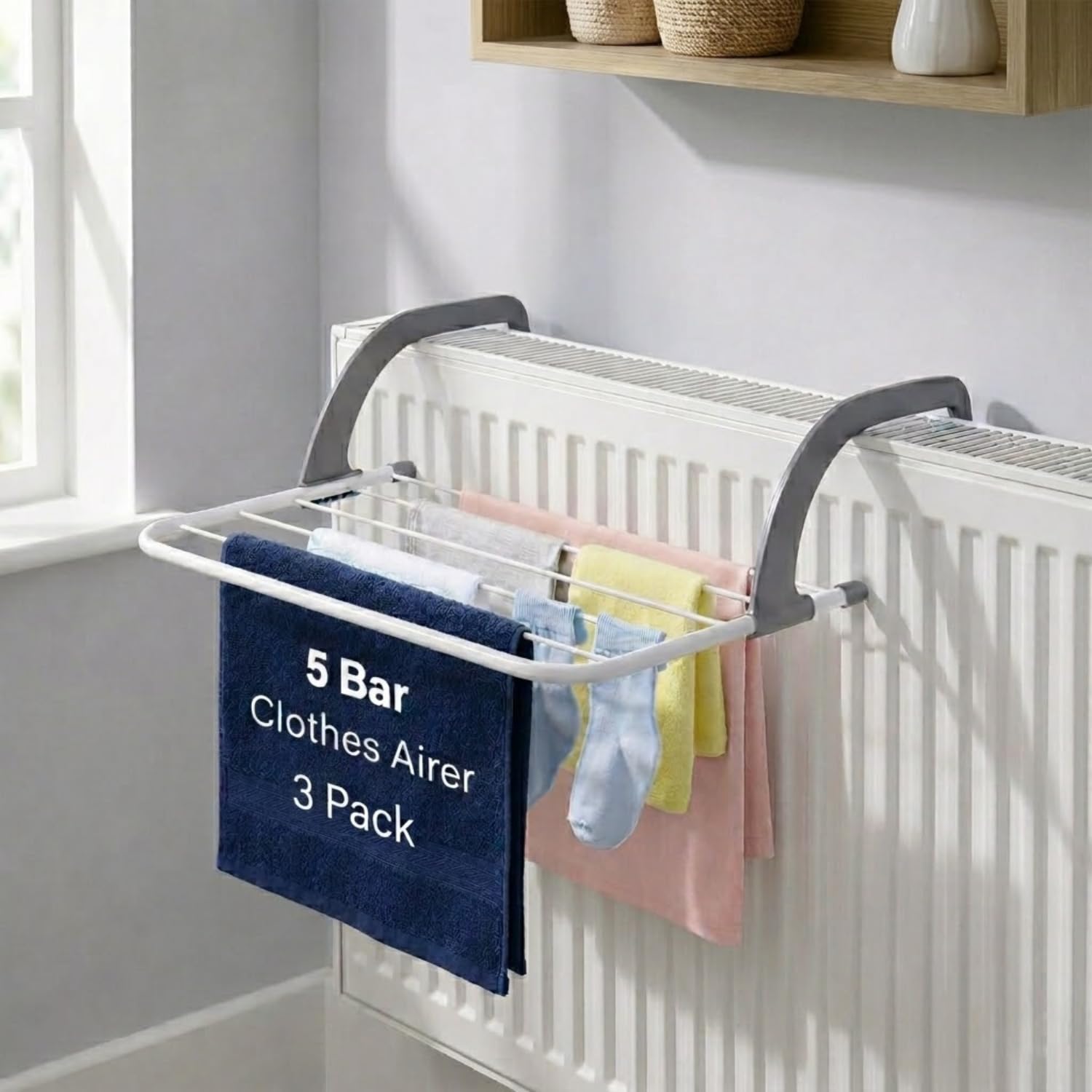 HomlyPro Pack Of 3 Radiator Clothes Airer 5 Bar Folding Drying Rack with Adjustable Arms, Space Saving Steel Laundry Dryer for Towels & Garments, Over Door Bath Towel Rail Indoor Hanging Solution