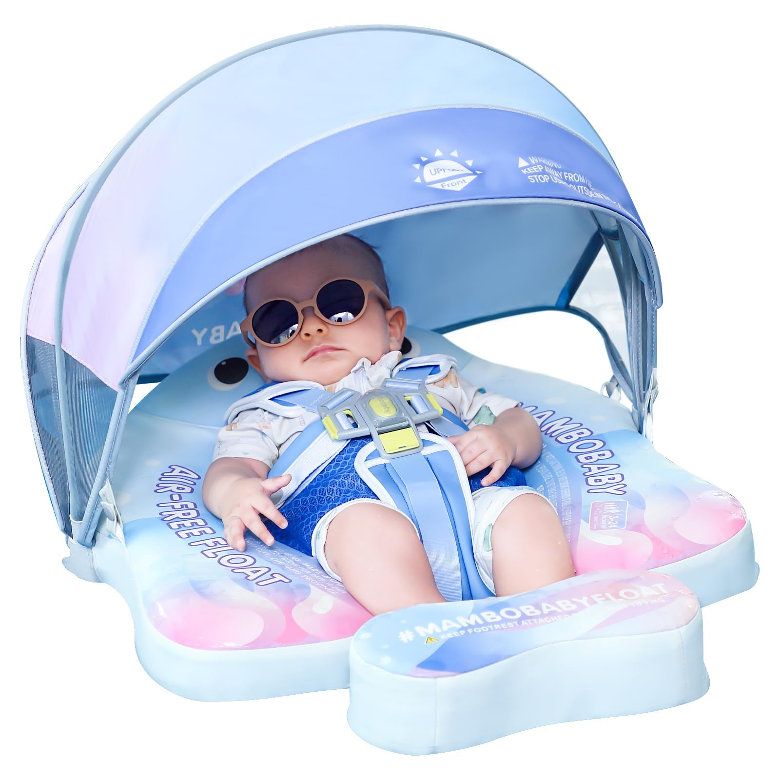 Mambobaby Non Inflatable Baby Float with Canopy Skin-Friendly Relaxing Infant Pool Float Solid Swim Pool Float Mambo Float Swim Trainer with Tail Swim Ring for Baby Aged 3-24 Months