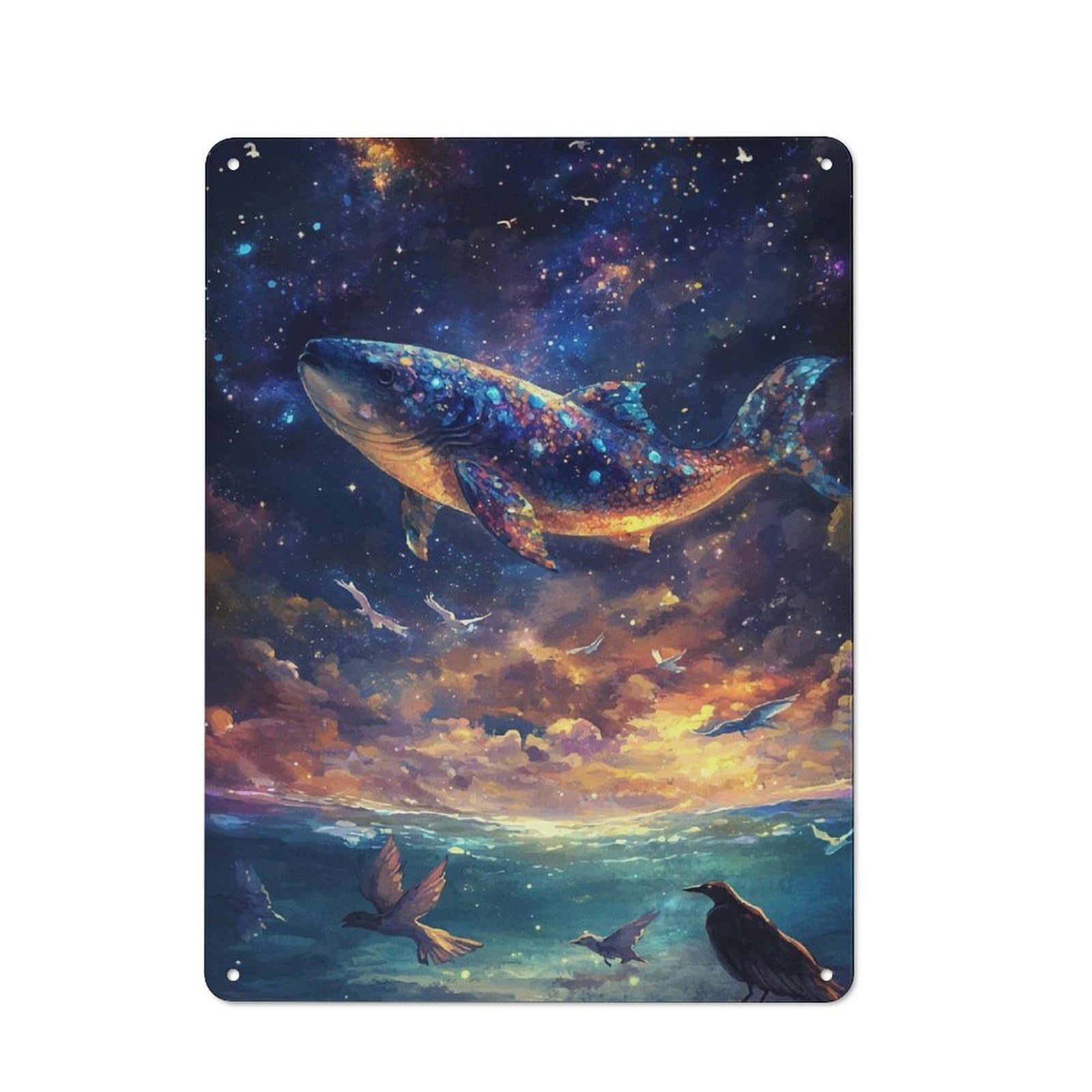 Junmoney Whale In The Stars Decorative Metal Plaque With Design 40X30cm, Vintage Porch Wall Decor For Shed, Garden Room, Porch Or Garage