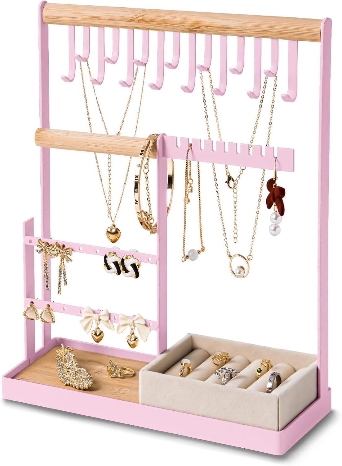dreamgenius jewelry organizer stand with velvet ring holder, 4 tier jewelry holder organizer with 15 hooks for necklaces and 16 holes for earrings, pink pink medium