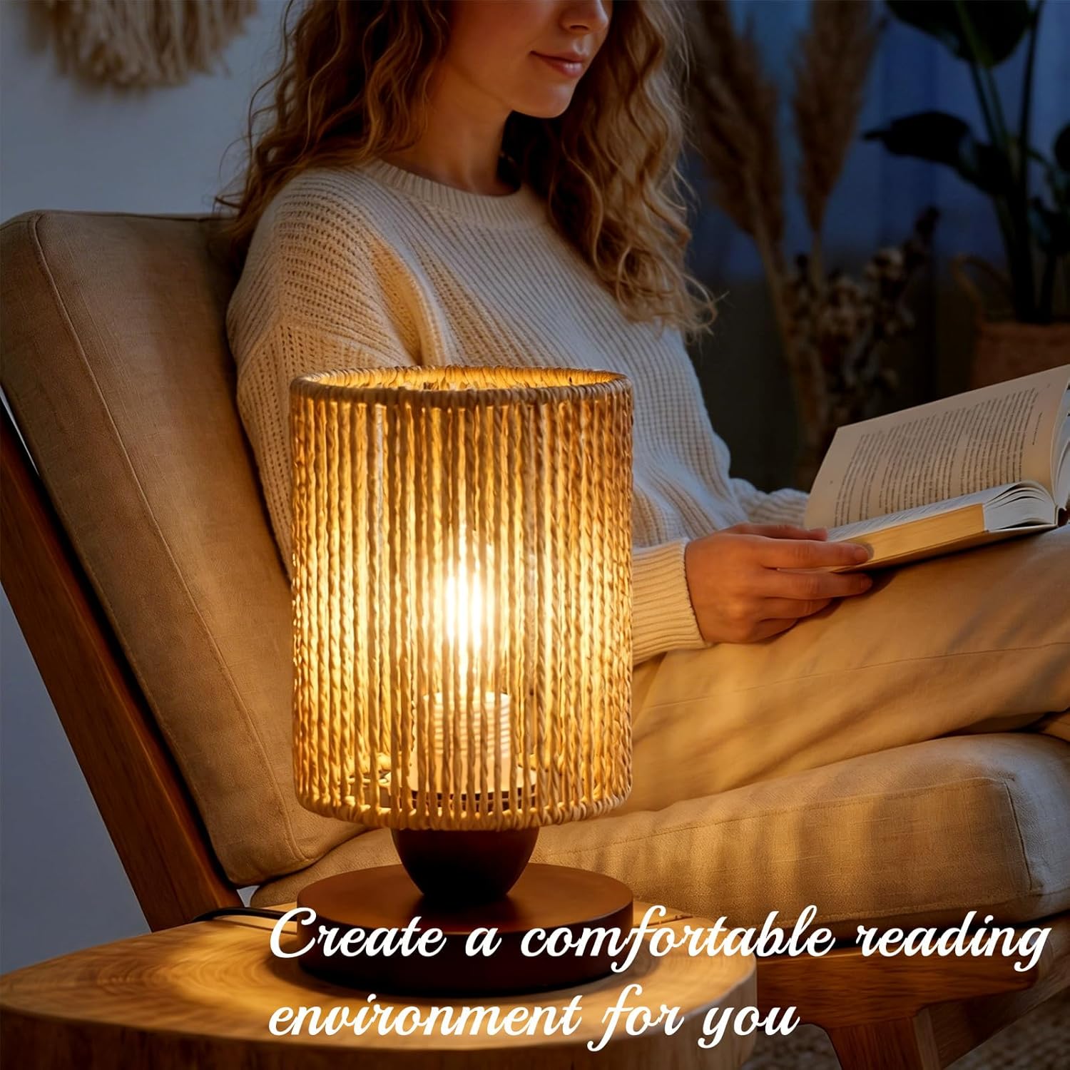Smal Rattan Table Lamp,Dimmable Boho Bedside Lamp,Vintage Wicker Wooden Nightstand Ambient Nihgt Light,Handmade Bamboo Woven End Table Lamps for Room Bedroom Living Room Office Decor(Bulb Included)