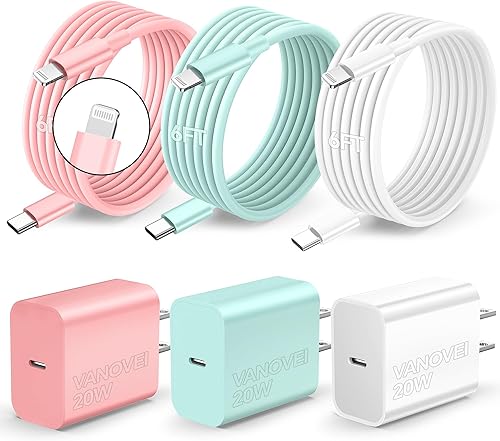 Compatible con cargador rápido iPhone 14, paquete de 3 cargadores tipo C con cable USB C de 6 pies, adaptador de cargador de pared PD USB C de 20 W