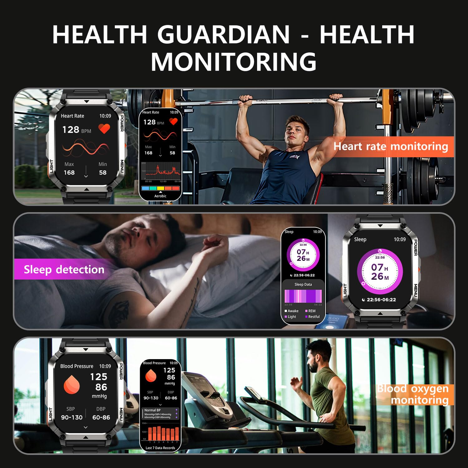 Smartwatch da uomo con torcia LED, touchscreen da 2,01 pollici, cassa in acciaio inossidabile, cinturino in gomma, funzione vocale Bluetooth 5.3, contapassi, contacalorie, cronometro,A