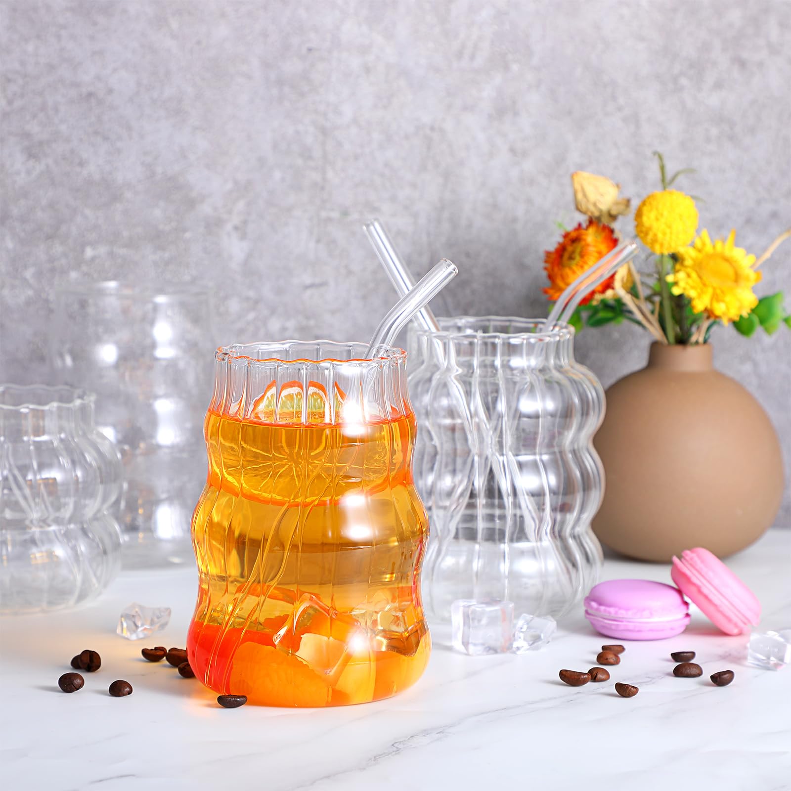MAQUITA 4 vasos de vidrio acanalado con popote de vidrio, cristalería vintage con diseño en forma de onda, tazas de burbujas para café helado, jugo, bebidas, leche, cócteles, té de burbujas y más