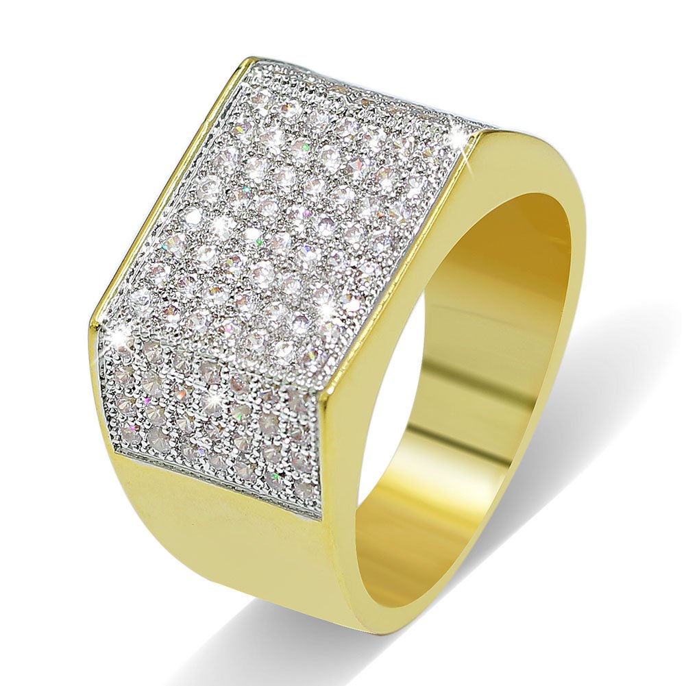 JINAO 18k Gold Plated Hip Hop ICED Out Square Bling Jewellery Ring